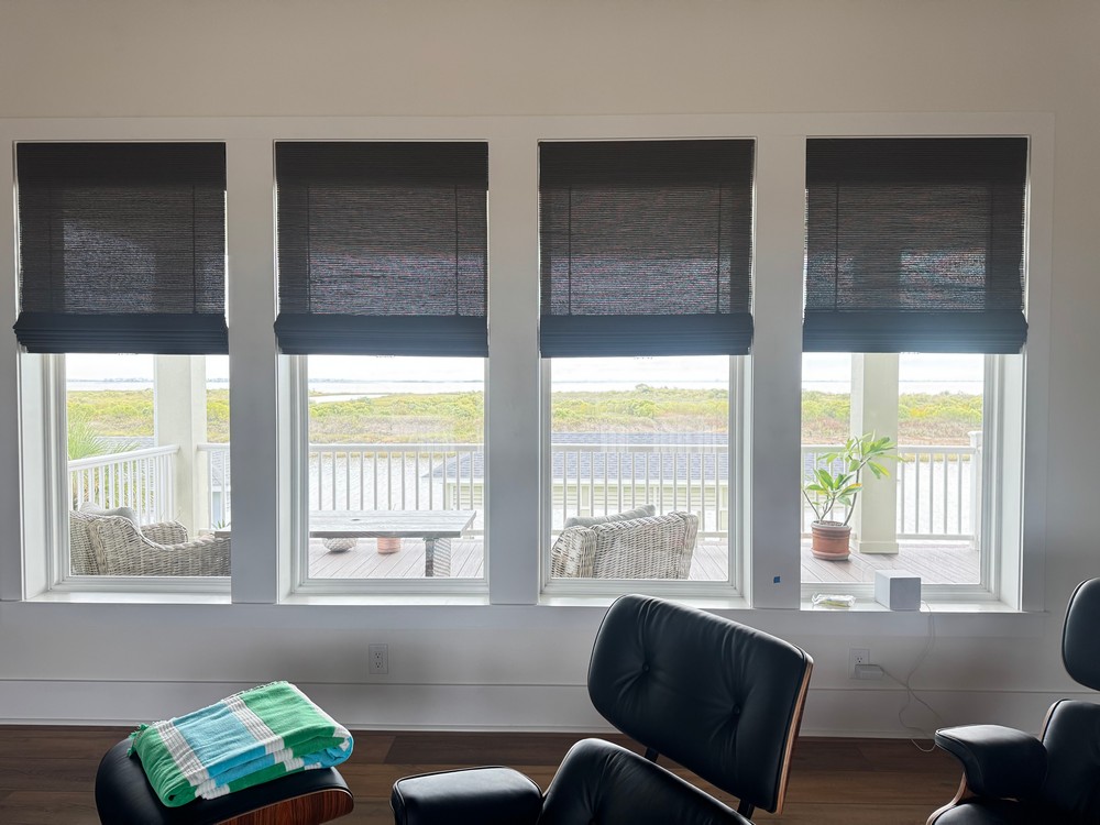 Custom Cordless Woven Wood Shades with Light Filtering Liner on Bay House on Hawkeye in Hitchcock, TX