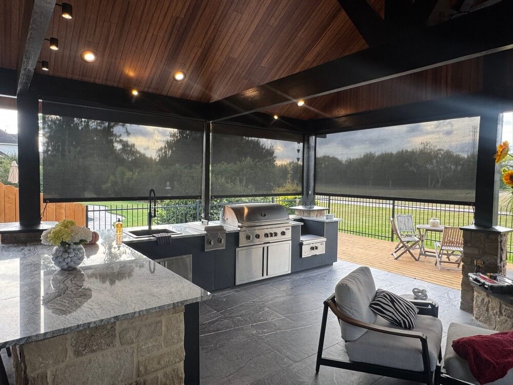 Gorgeous Outdoor Roller Shades over Outdoor Kitchen on Seaborough Ln in League City, TX